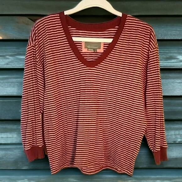 Anthropologie Hanna Striped Top Pink Red V-Neck 3/4 Sleeve Blouse Size S - Picture 1 of 6